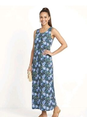 WESTBOUND Women's Floral Maxi Dress LINEN Blend Blue Multicolor Side Buttons L